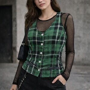 Royal Bones Plaid Corset Vest Top with Crossback Straps Green Tartan Size Large